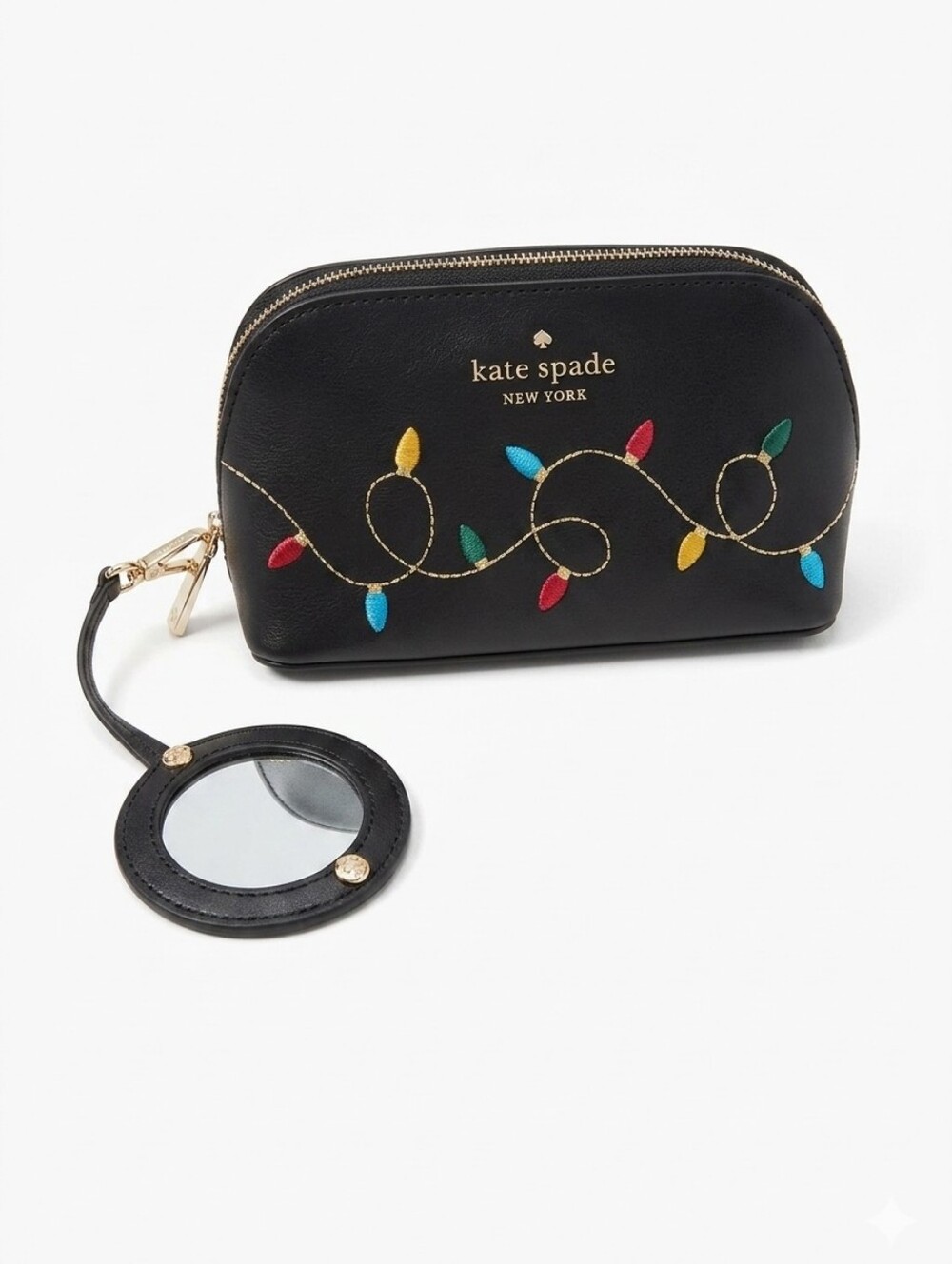 kate spade Black Leather Cosmetic Pouch with Multicolor Light Embroidery